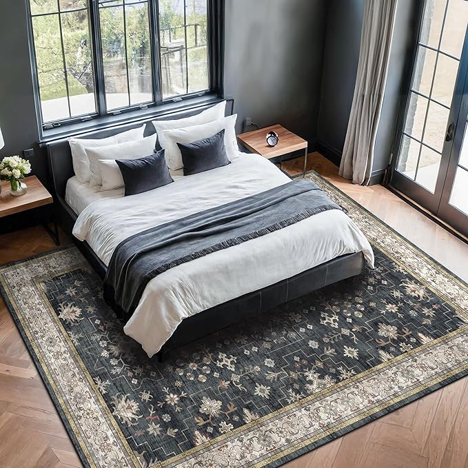 Black Boho Living Room Rug 5x7, Washable Dark Vintage Moody Low Pile Non Slip - Image 6