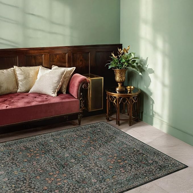 Dark Green Floral Living Room Rug 5x7 Area Rug - Image 4