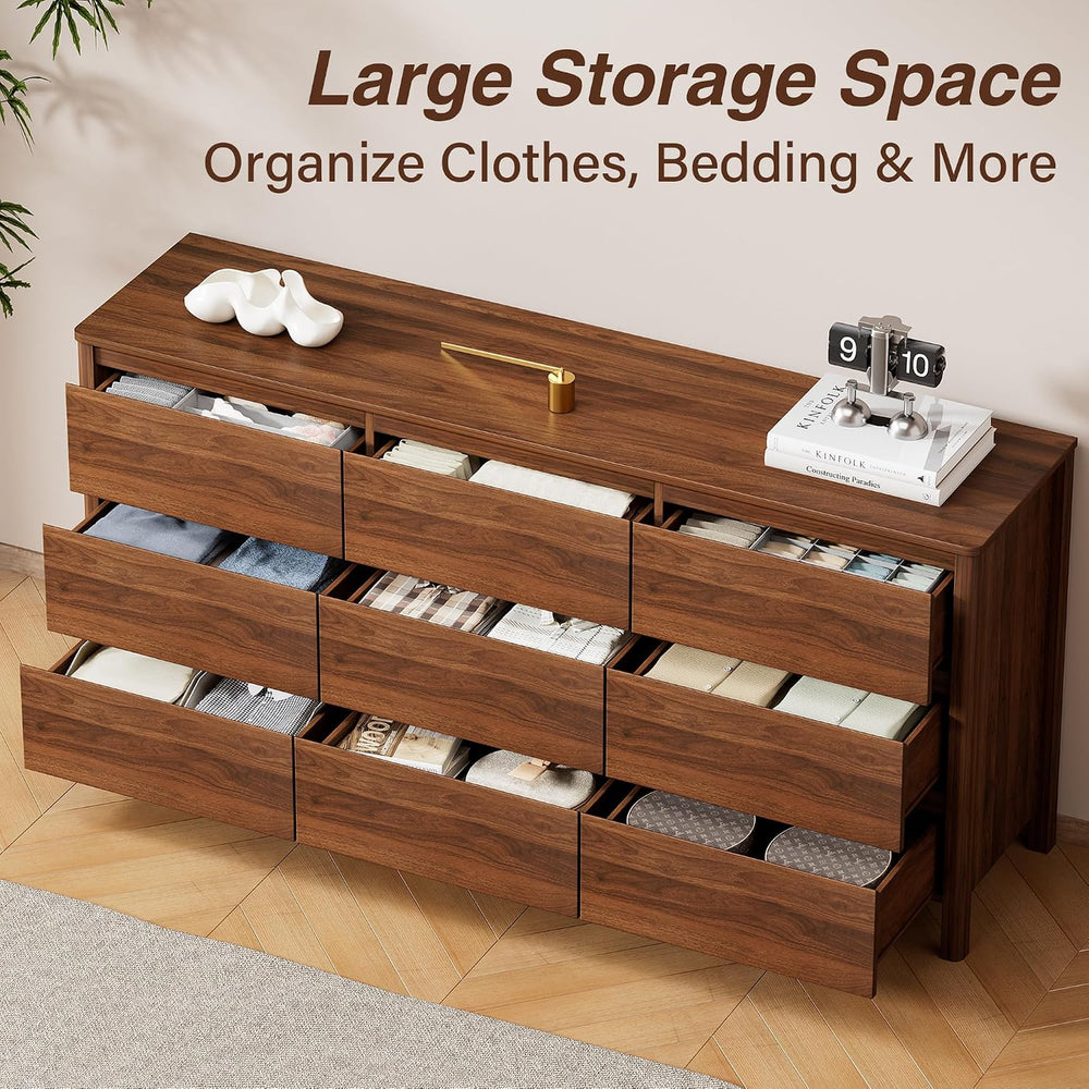 63" Wide 9 Drawer Wood Dresser for Bedroom with Legs, Walnut