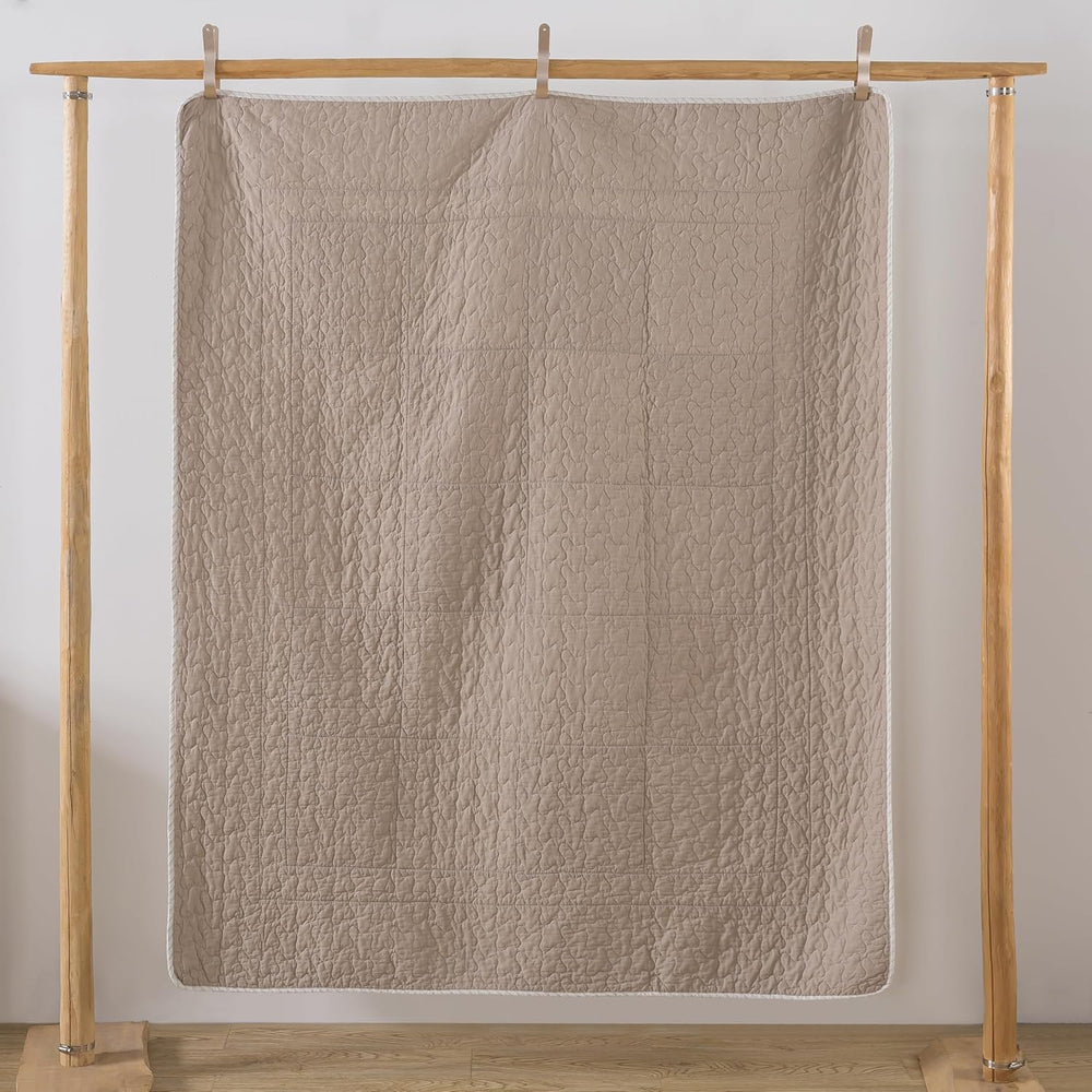 Soul & Lane - Taupe Bloom Beige Cotton Quilted Throw Blanket, 50" x ...