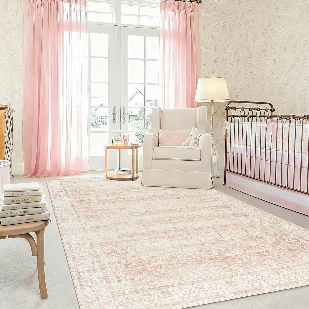 Pink Area Rug 8x10 Low Pile Washable Vintage Large Rugs for Living Room