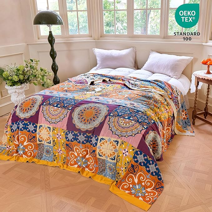 MSGKV Boho Throw Blanket for Bed 90"x90" 100% Cotton Blanket Spring Breathable - Image 6