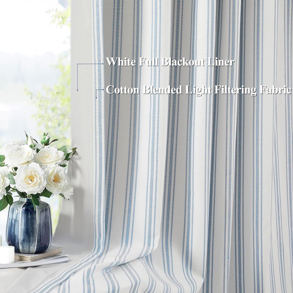 ZJDECOR 90 Inch Blue Striped Full Blackout Curtain Panels for Bedroom