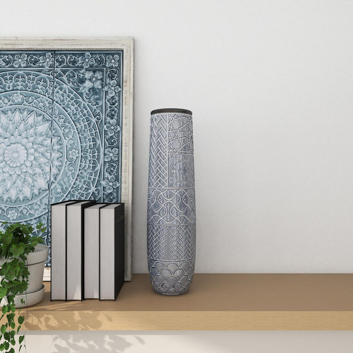 Deco 79 Ceramic Decorative Vase Slim Engraved Patterned Centerpiece Vase, Flower Vase for Home Decoration 7" x 7" x 22", Gray