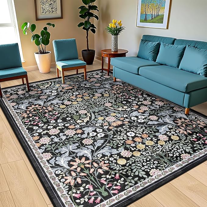 Area Rugs 9x12 Living Room: Floral Washable Rug Vintage Large Soft Boho - Image 2