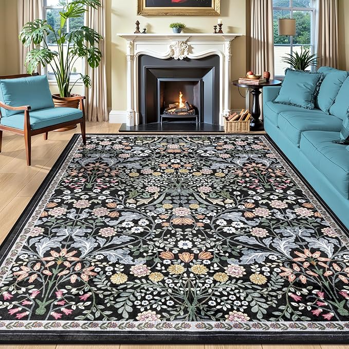 8x10 Area Rugs for Living Room: Floral Washable Rug Vintage Large Soft Boho by PLHXFRSoftAreaRugs