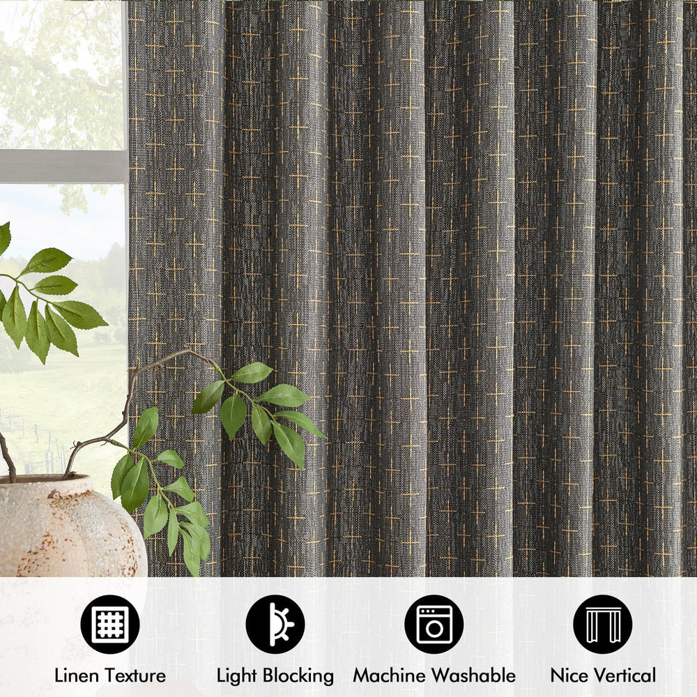 MIULEE Patterned Farmhouse Linen Curtains, Back Tab, 52Wx84L, Dark Grey