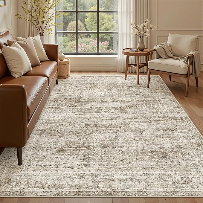 5x7 Area Rugs Brown Low Pile Indoor Washable Trendy Faded Style Rugs by Soalmost