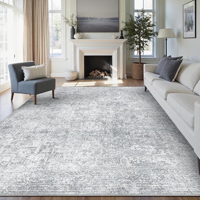 8x10 Area Rug Washable Vintage Living Room Carpet Large Indoor Non Slip Grey by PureCozy