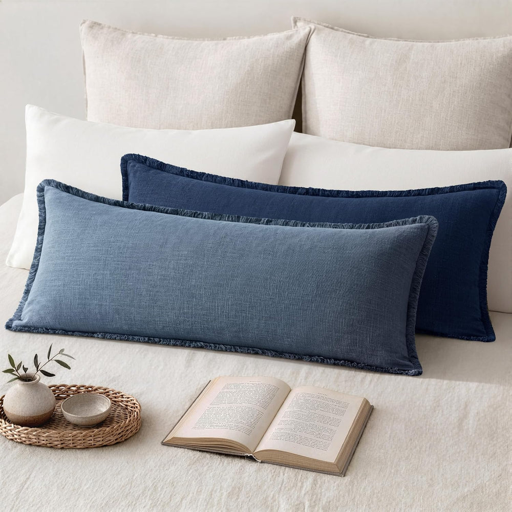 MIULEE 14x36 Long Linen Fringe Lumbar Pillow Covers Set of 1 Blue Ashes
