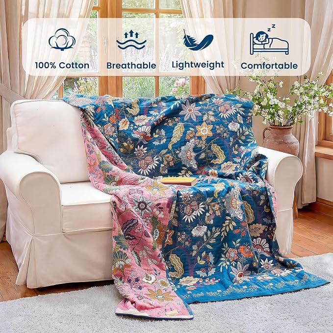 MSGKV Boho Throw Blanket for Bed 60"x80" 100% Cotton Twin Floral Blanket Spring - Image 2