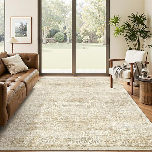 5x7 Area Rugs Beige Low Pile Indoor Washable Trendy Faded Style Floral Rugs by Soalmost