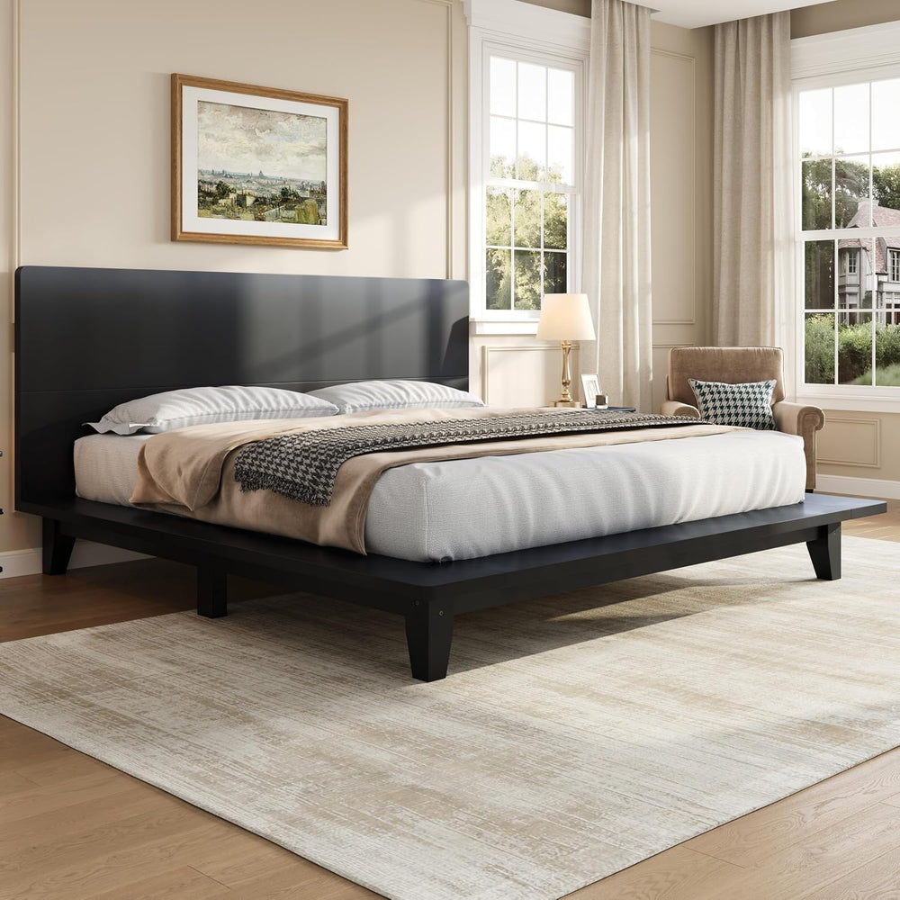 Full Size Japanese Wooden Bed Frame with Black Headboard