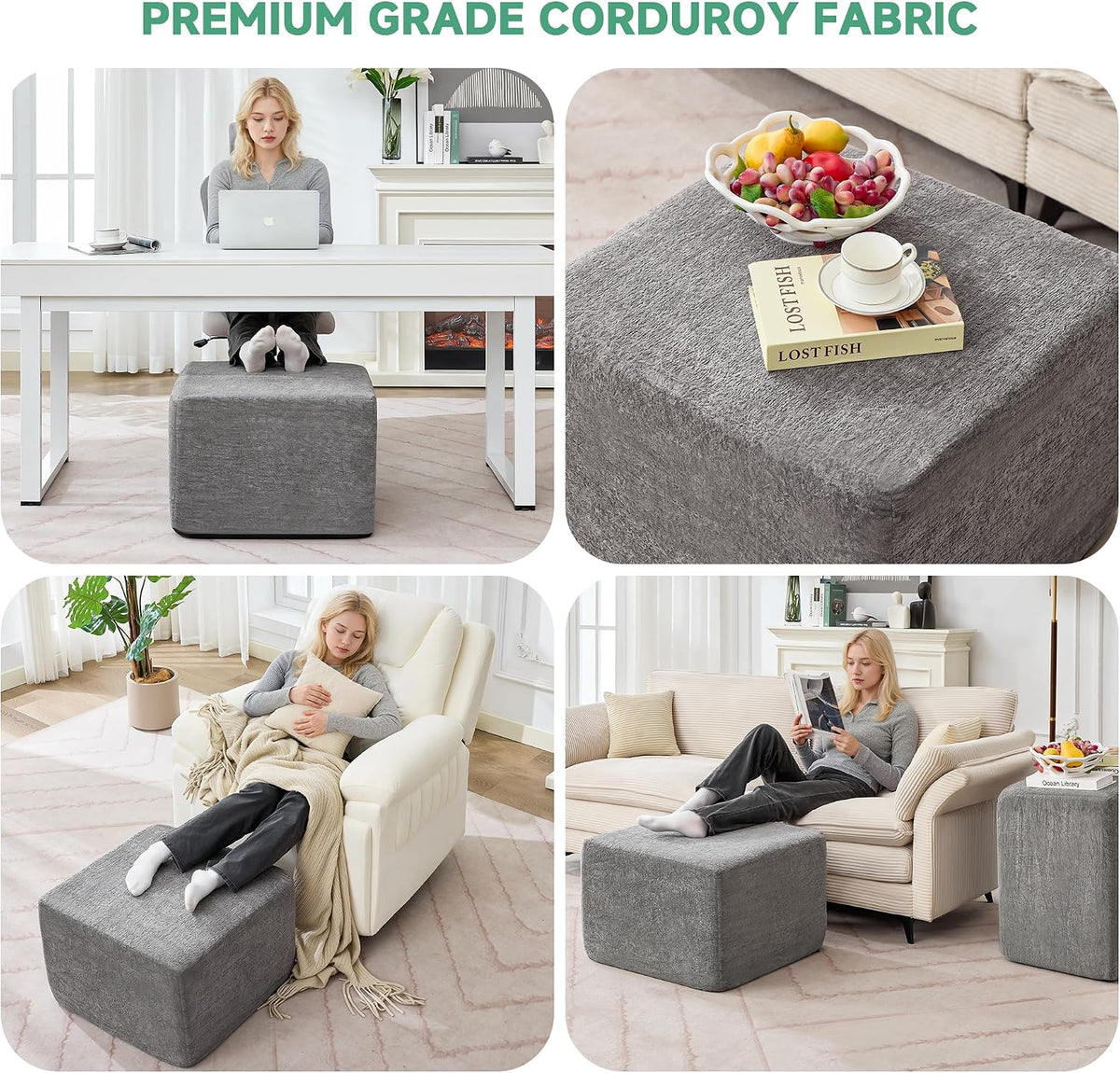 23.6'' Square Pouf Boneless Ottoman Foot Rest with High-Rebound Solid One-Piece Foam and Removable Washable Cover for Living Room, Gaming, Movie Watching - Grey