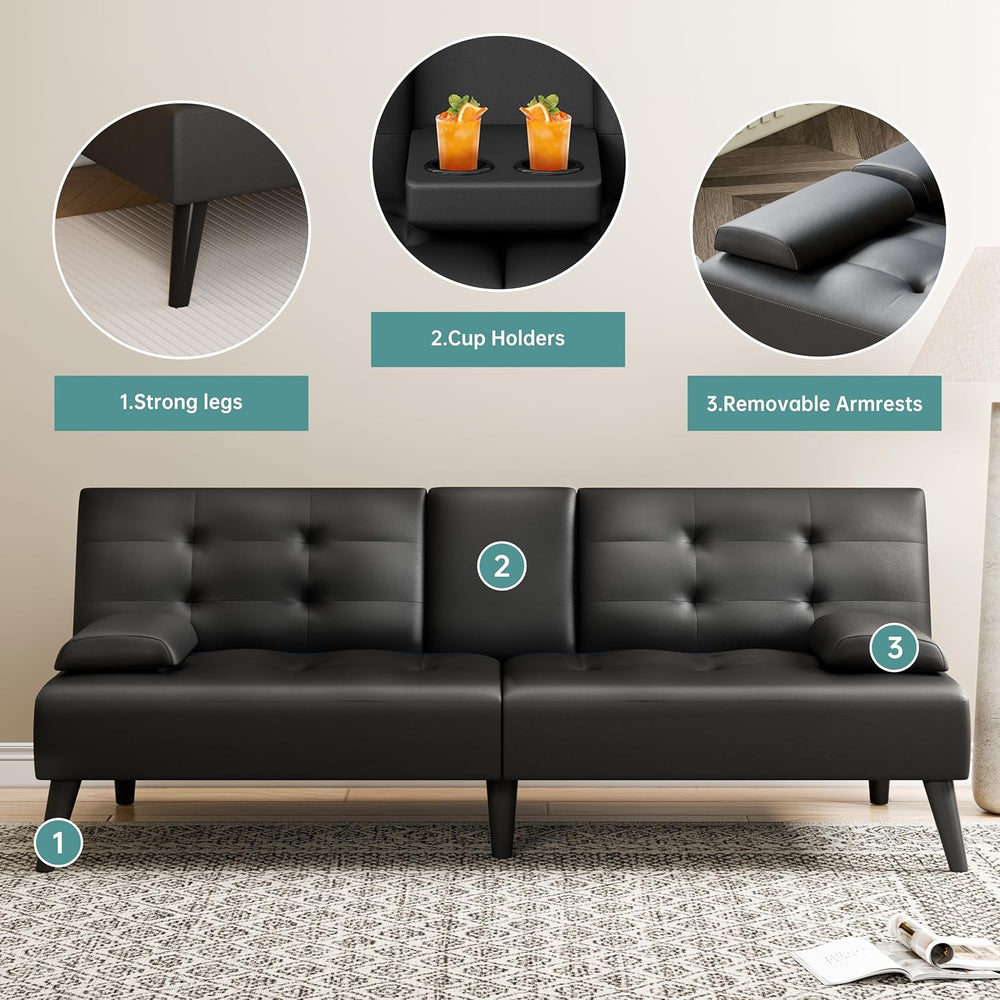 64" Futon Sofa Bed, Small Couch with 2 Cup Holders, Black