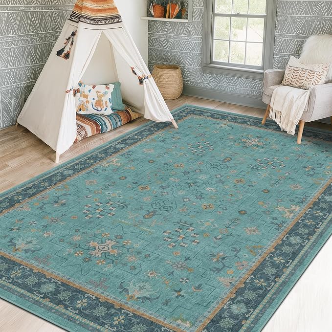 Washable 5x8 Teal Rug for Living Room, Boho Area Rugs for Bedroom Under Bed - Image 3