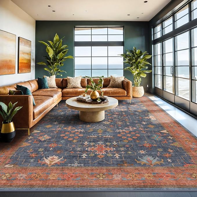 Washable Navy Blue Living Room Rug, 8x10 Area Rug by HazoHaus