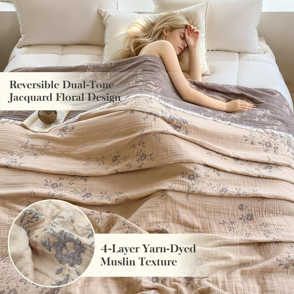 QKTE 100% Cotton Muslin Blanket King Size with Tassels, Lightweight Breathabl...