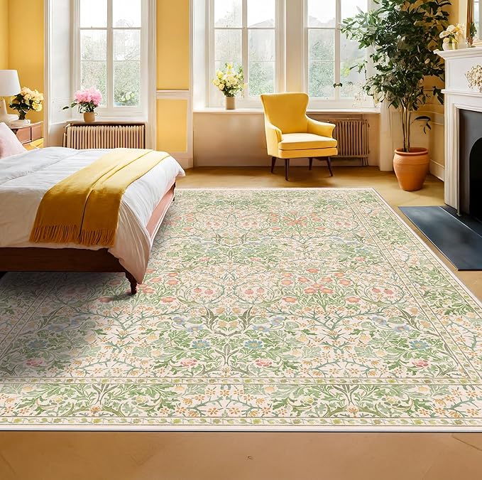 Hazo Haus Light Beige Green Floral Living Room Rug, 7x9 Washable Area Rug - Image 3