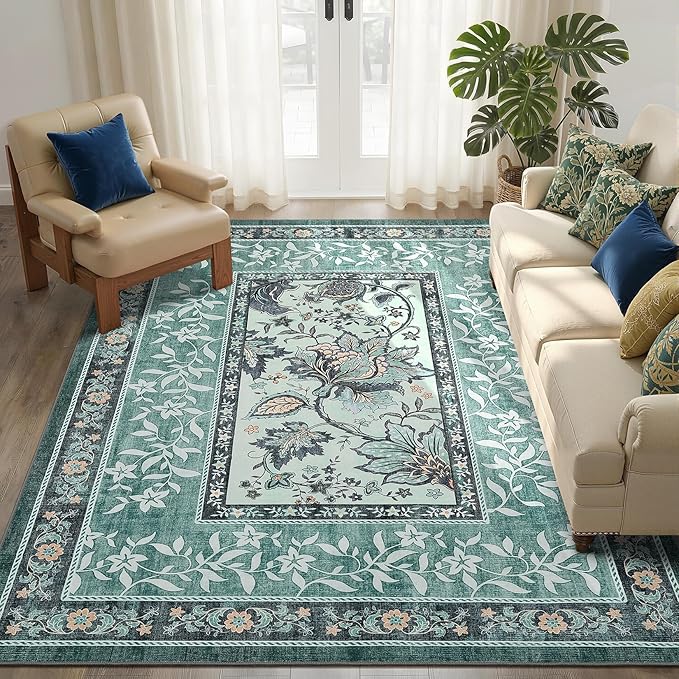GarveeHome Teal Washable 6x9 Area Rugs, Botanical Grove Vintage Cottagecore by GarveeHome