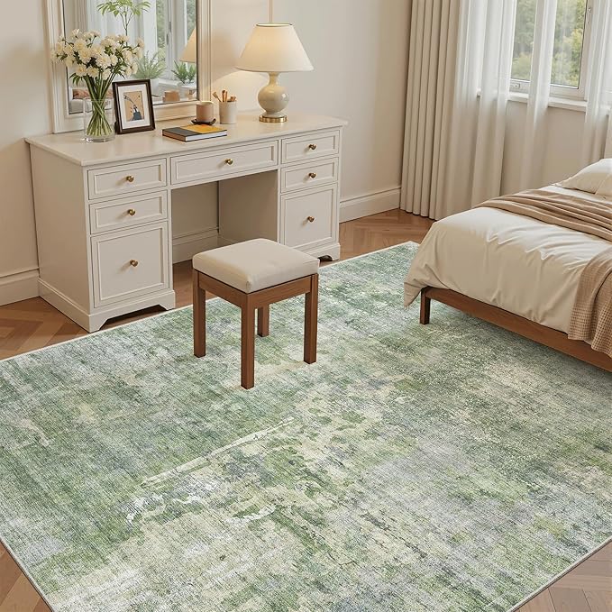 5x8 Area Rugs Green/Ivory Low Pile Indoor Washable Trendy Faded Style Rugs - Image 3