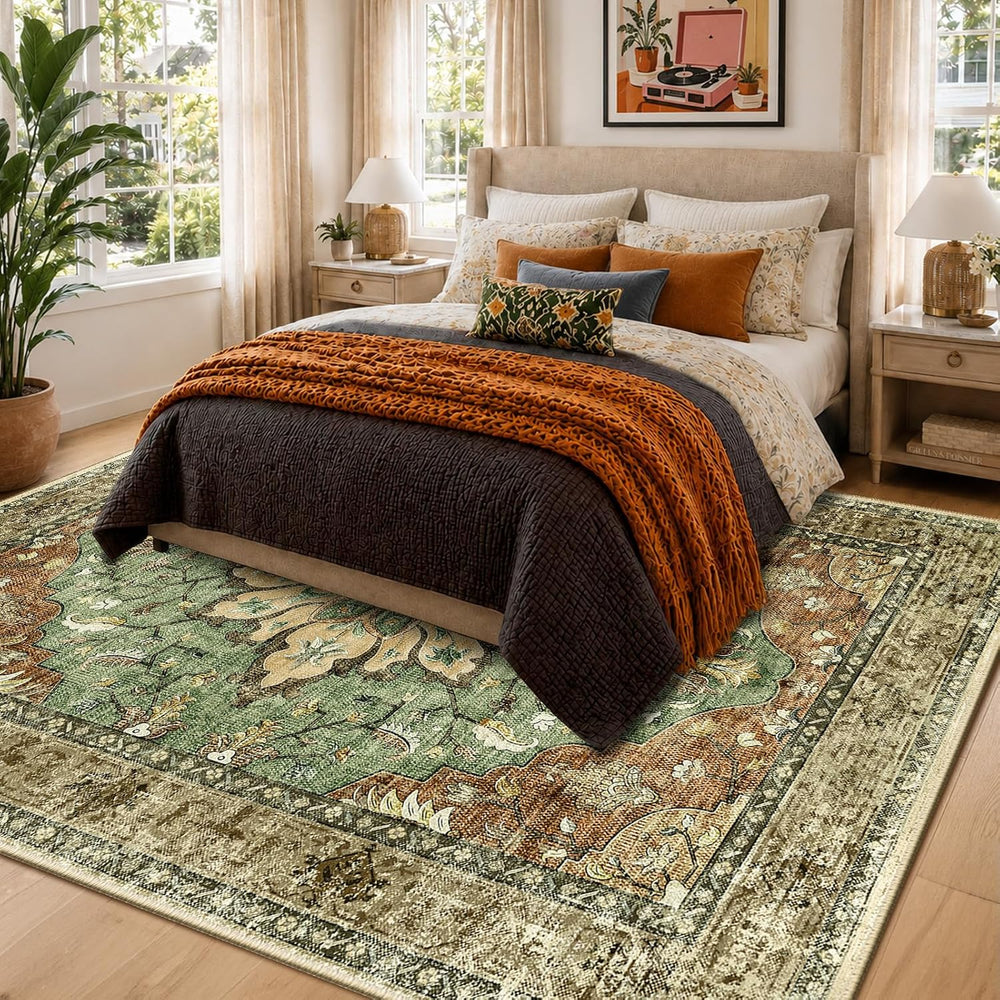 RELEANY Washable Area Rug, 6'x9', Brick/Brown/Green