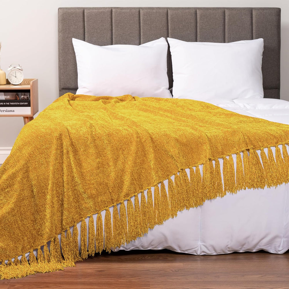PAVILIA Chenille Throw Blanket, Knit Twin Size Tassel Throw, Yellow 60x80
