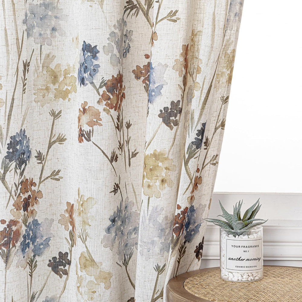 MYSKY HOME Floral Linen Curtains 84 inch Length 2 Panels Set Summer Flower Pa...