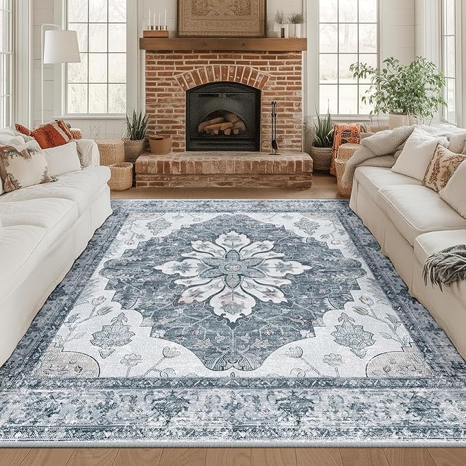 Area Rugs Square 8ft Washable Non-Slip, Floral Vintage Distress Print Pattern by RELEANY