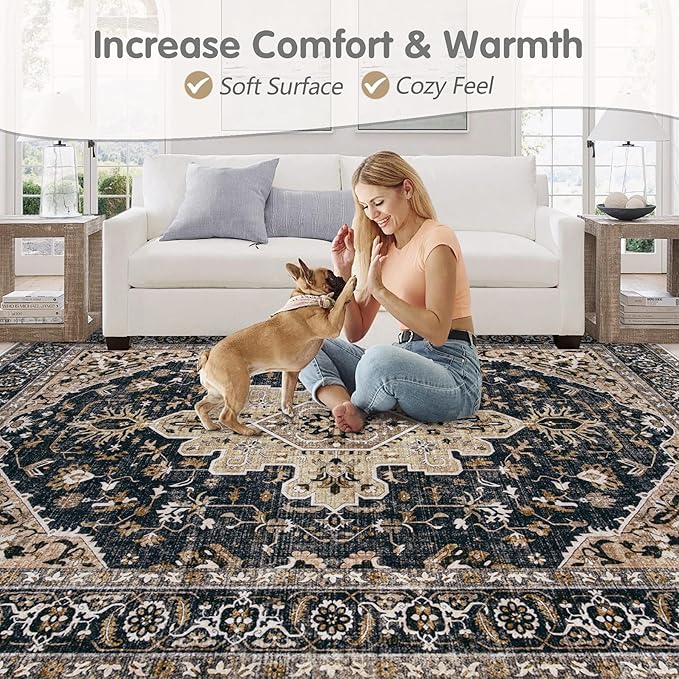 Area Rugs 6x9 Vintage Rug: Washable Living Room Rug Retro Medallion Distressed - Image 6