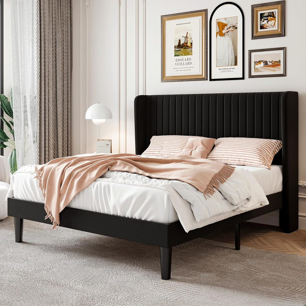 SHA CERLIN Full Size Velvet Bed Frame, Tufted Wingback Headboard, Black