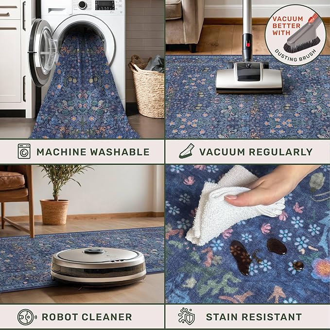 Hazo Haus Vintage Dark Blue Living Room Rug, 7x10 Washable Large Area Rugs - Image 4