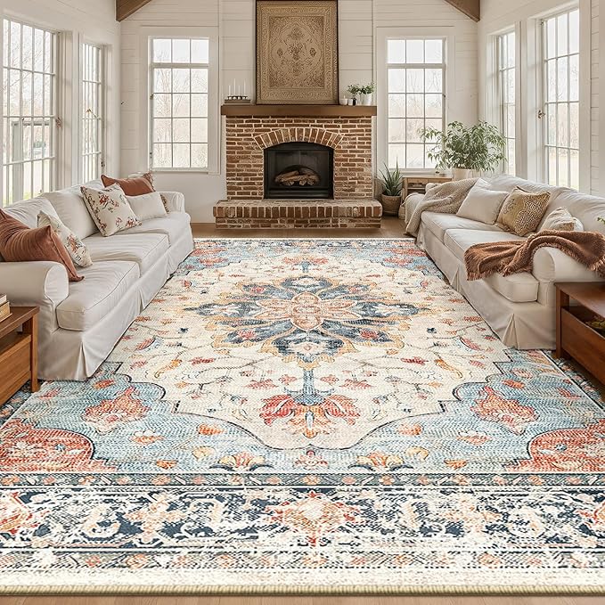Area Rugs 10'x14' Washable Non-Slip, Floral Vintage Distress Print Pattern - Image 2