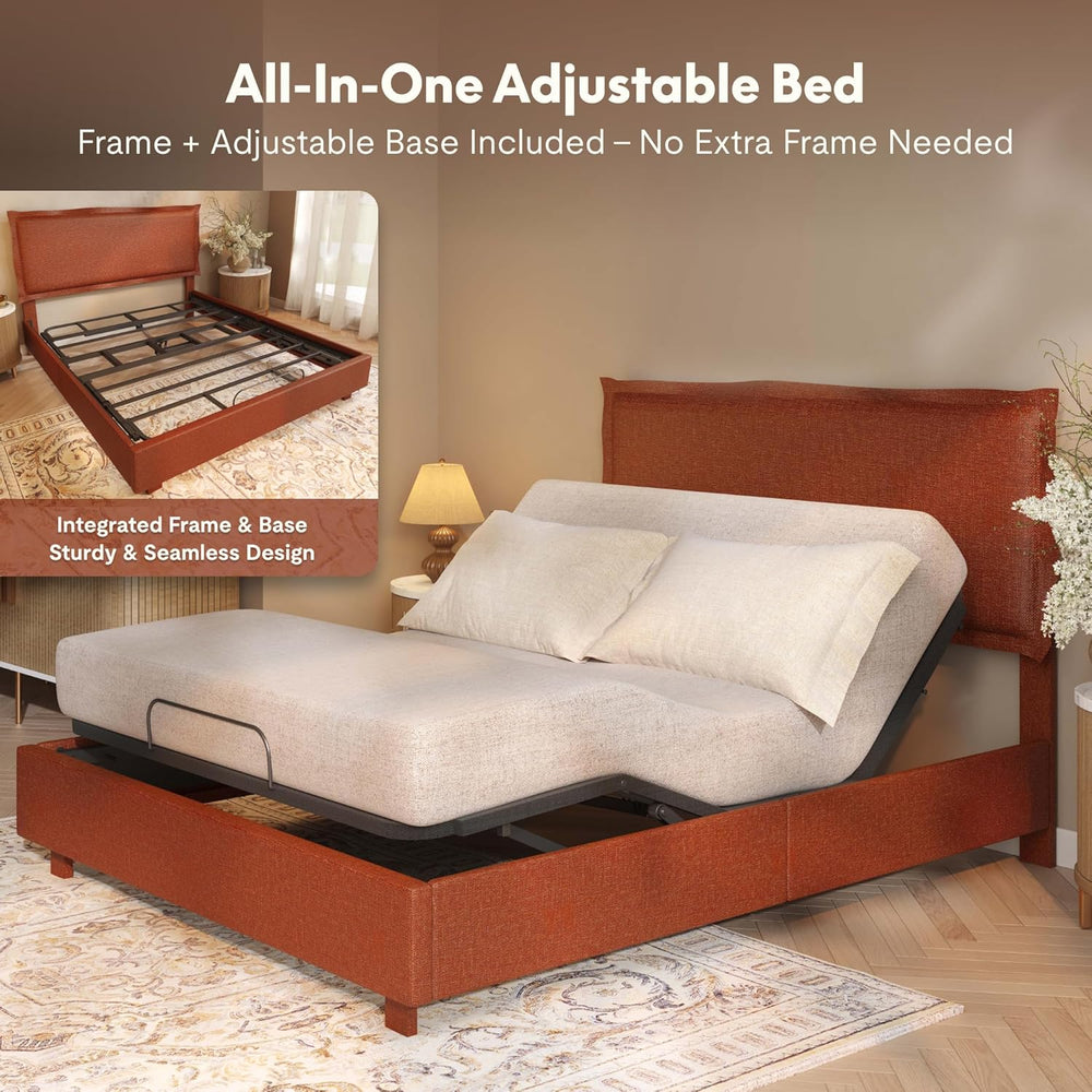 FLEXISPOT All-In-One Adjustable Bed Frame with Upholstered Flange Edge Headbo...