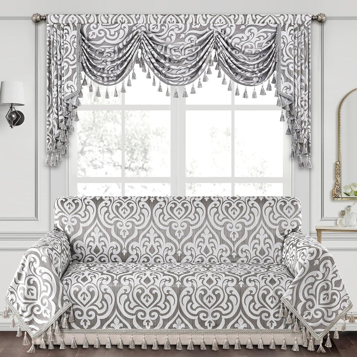 loom and mill modern damask sofa throw covers shown in use