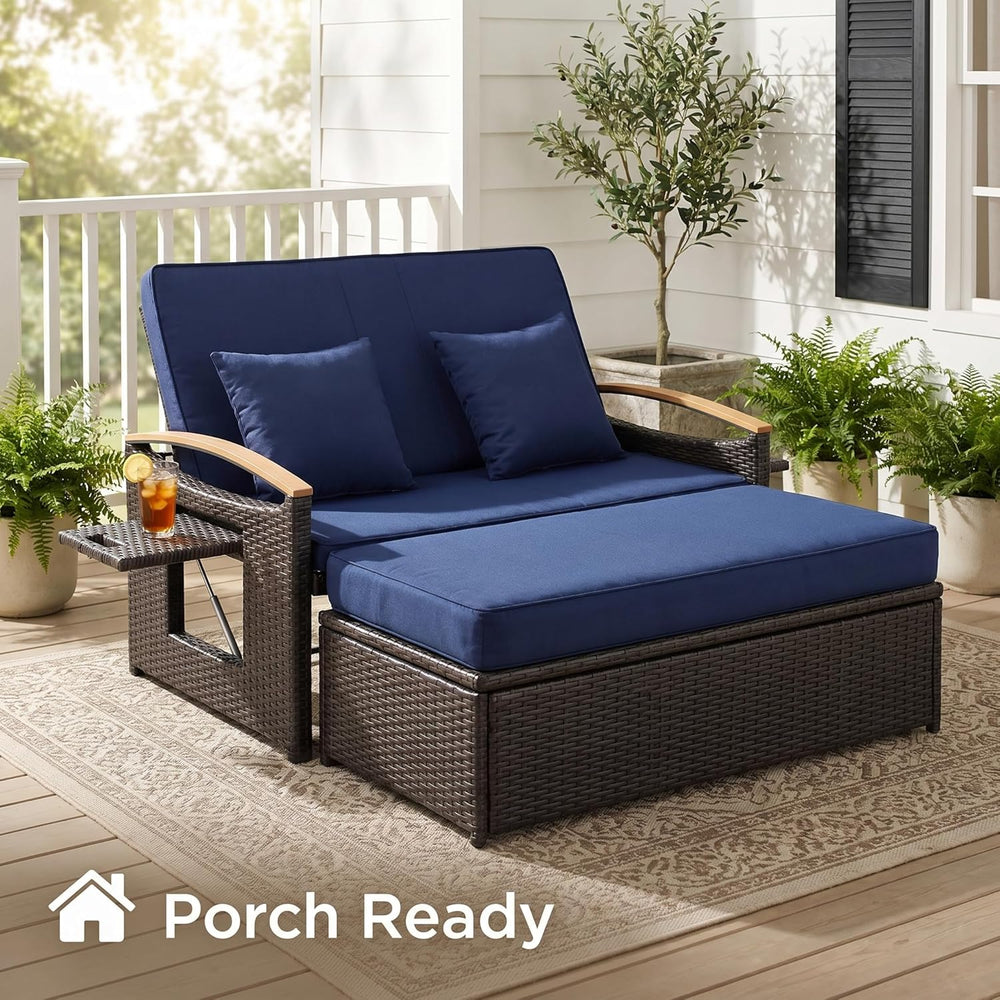 Outdoor Patio Rattan Daybed, Navy Blue/Brown