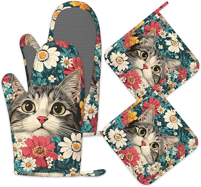Cute Cat Oven Mitts and Pot Holders Set of 4, Blooming Colorful Flowers Kitchen by Unknown
