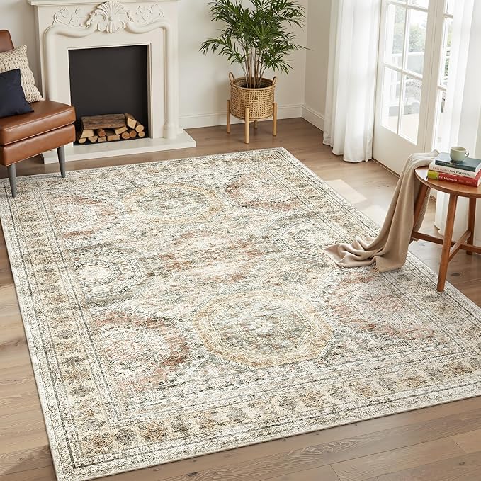 Soalmost 5x7 Area Rugs Brown Pink Low Pile Indoor Washable Trendy Faded Style - Image 2