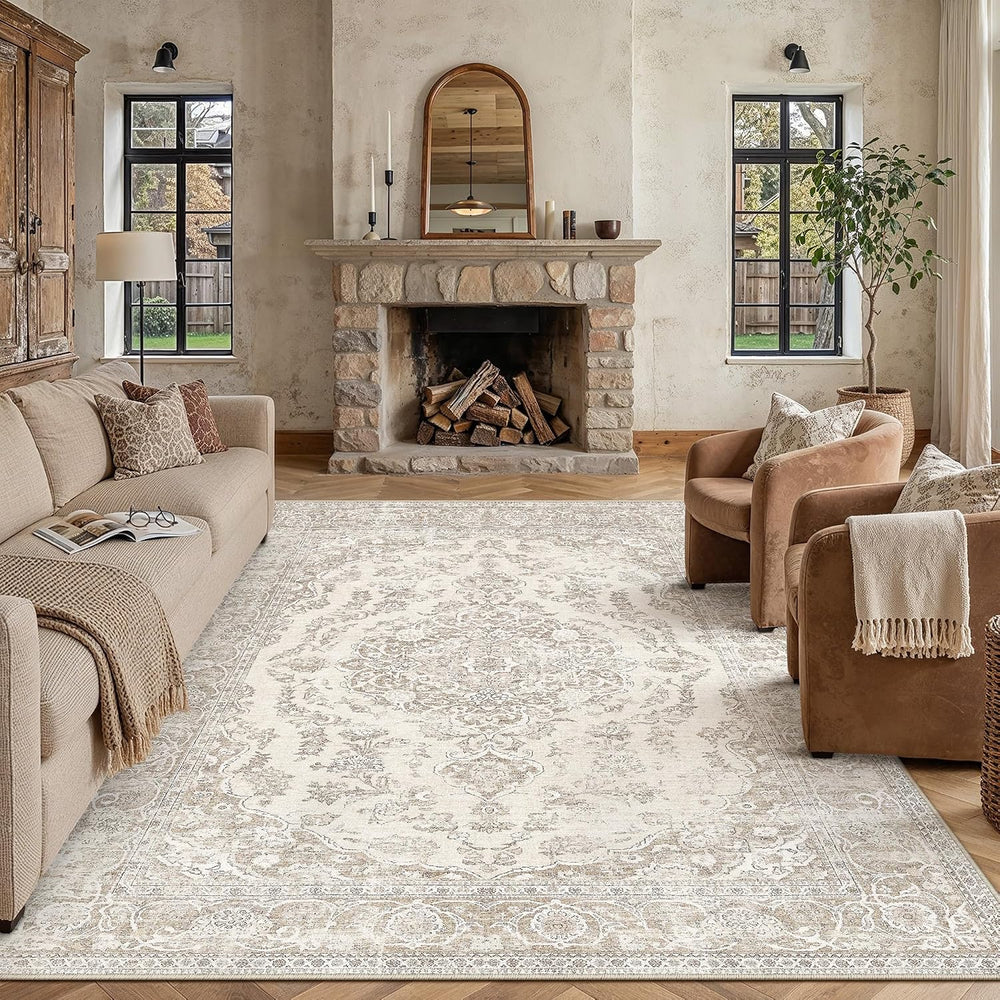 PureCozy Beige 8x10 Area Rug Washable Vintage Distressed