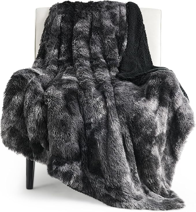 Bedsure GentleSoft Fuzzy Sherpa Faux Fur Twin Blanket Tie Dye Black Cozy Gifts by BEDSURE
