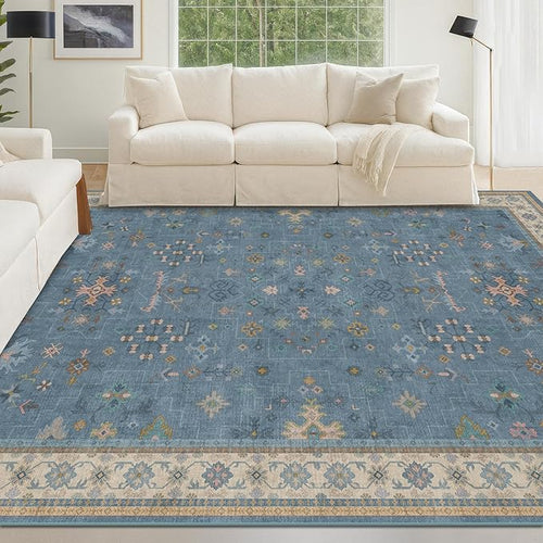 5x8 Rug for Living Room, Boho Eclectic Area Rugs Blue Modern Low-Pile Carpet by HazoHaus