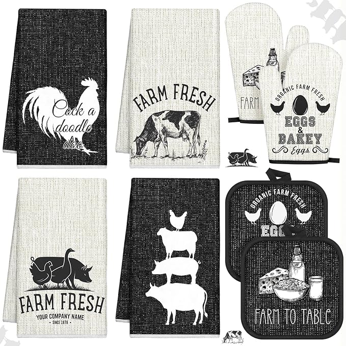 VitalCozy 8 Pcs Farm Animal Theme Kitchen Towels Pot Holders and Oven Mitt Set by VitalCozy