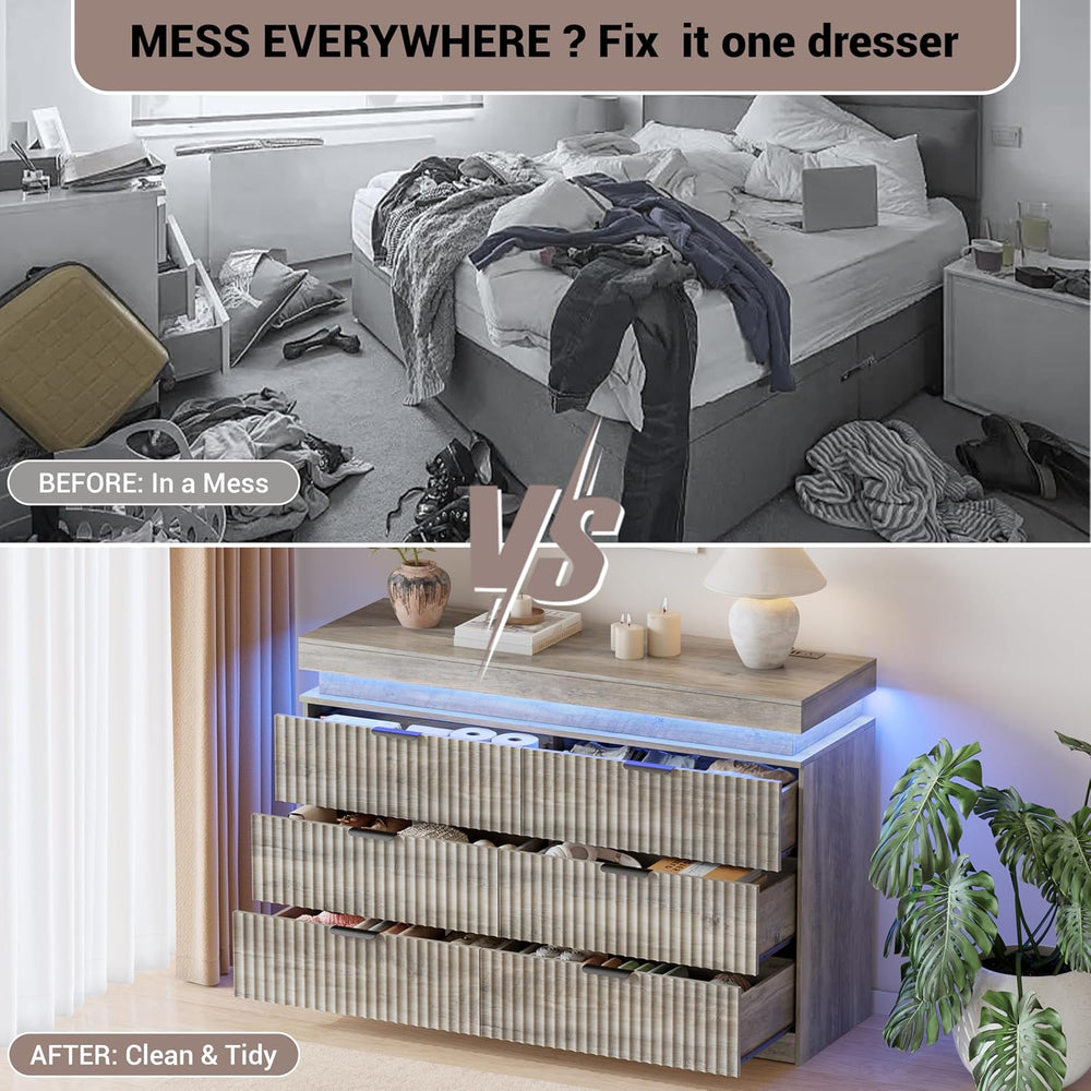 Fluted 6 Drawer Dresser for Bedroom with Charging Station, Grey