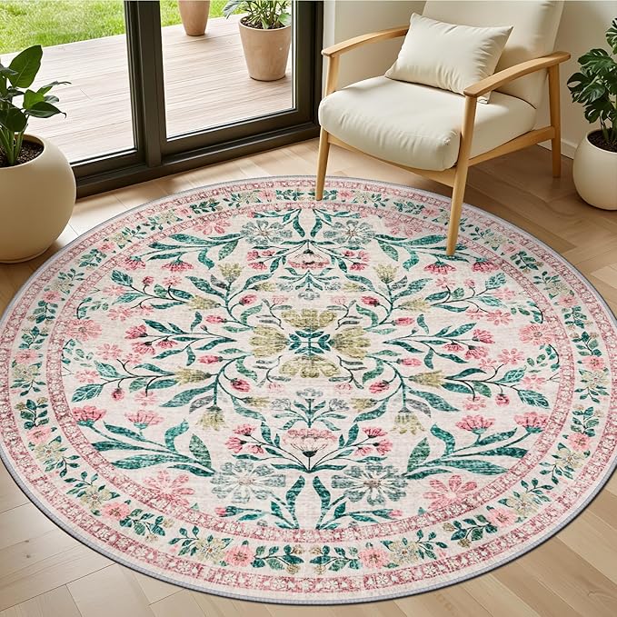 Round Area Rug for Living Room: 4 ft Floral Washable Circle Rug Soft Boho by PLHXFRSoftAreaRugs