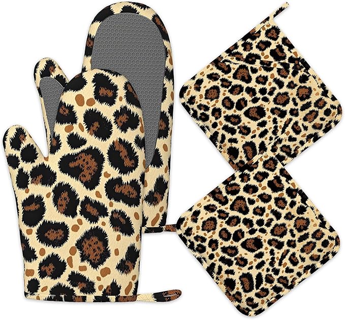 Leopard Print Oven Mitts and Pot Holders Sets of 4, Heat Resistant Silicone by Unknown