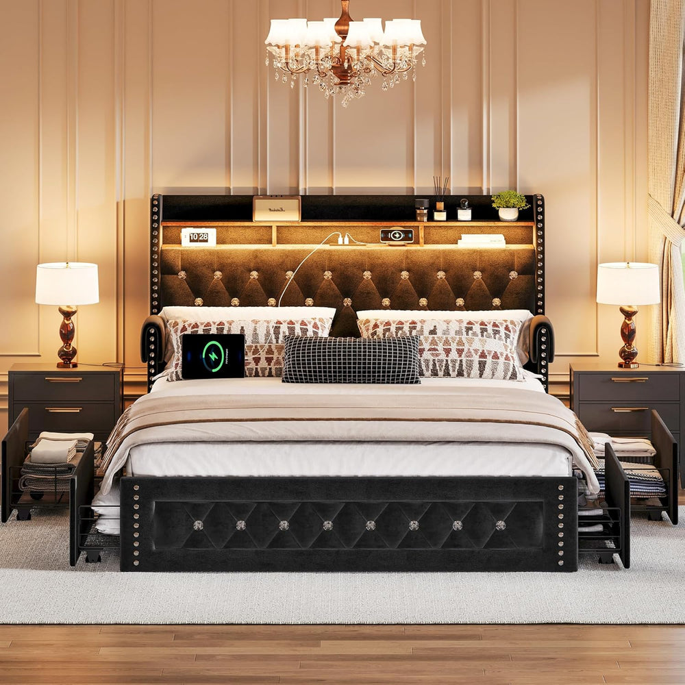 Ailisite Full Size Bed Frame with 4 Storage Drawers,Velvet Upholstered Full P...