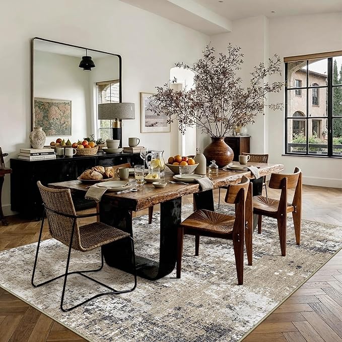 PureCozy 4x6 Abstract Area Rug Brown Washable Modern Neutral Office Carpet Non - Image 3