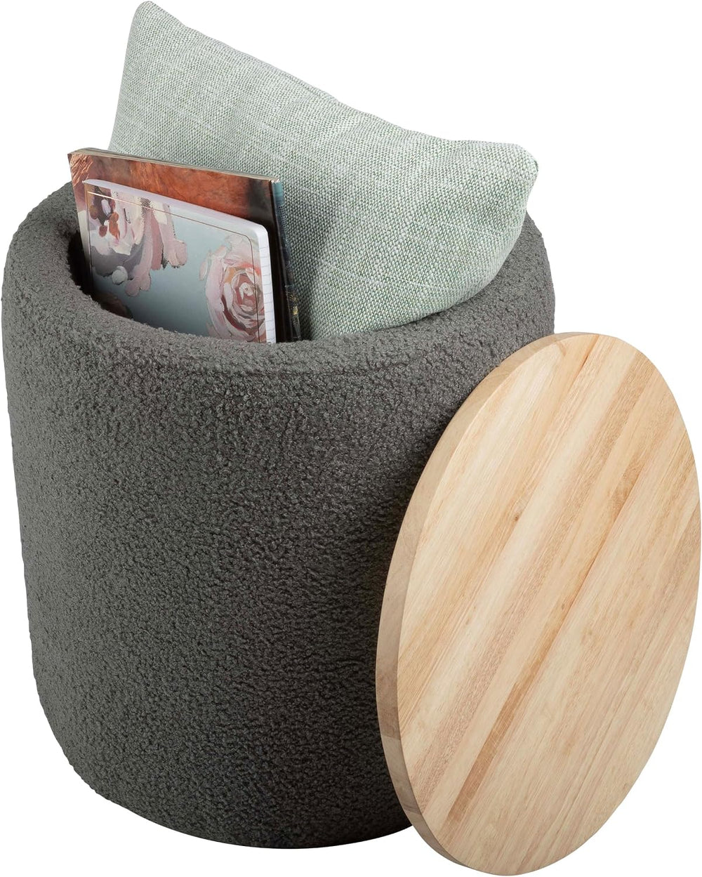 Storage Ottoman - Teddy Fabric Upholstered Ottoman with Wood Top for Living R...