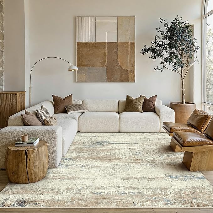 6x9 Area Rug Washable Beige Brown Abstract Living Room Carpet Non Slip Modern - Image 2