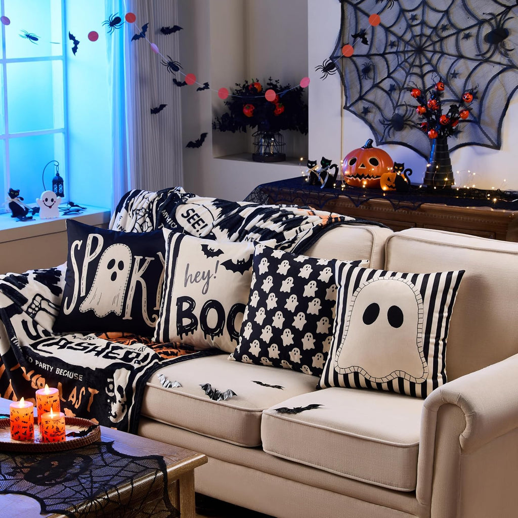 Halloween Decor Pillow Covers 20x20 Inch,Set of 4 Halloween Decorations Outdoor Indoor Throw Pillow Covers, Hey Boo Cute Spooky Ghost Black Striped Linen Cushion Case for Home Sofa Couch Bed Chair